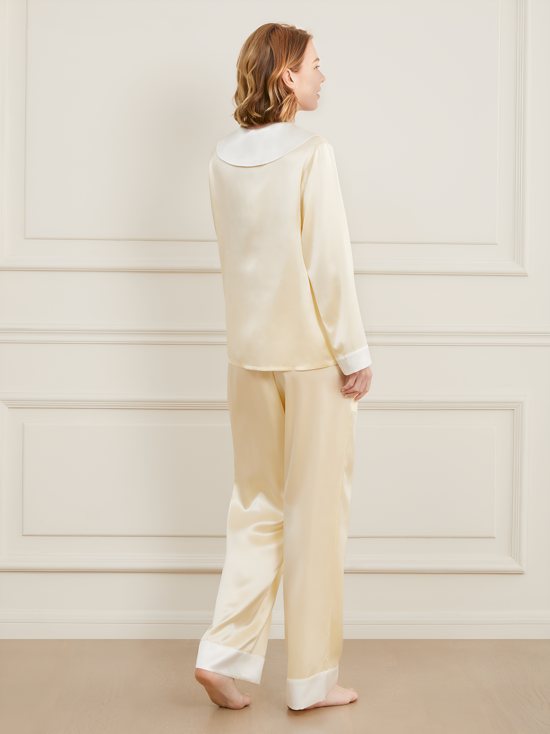Classic Collar Silk Pajamas Silk Pajamas long-sleeved Pjs Set 2Pcs