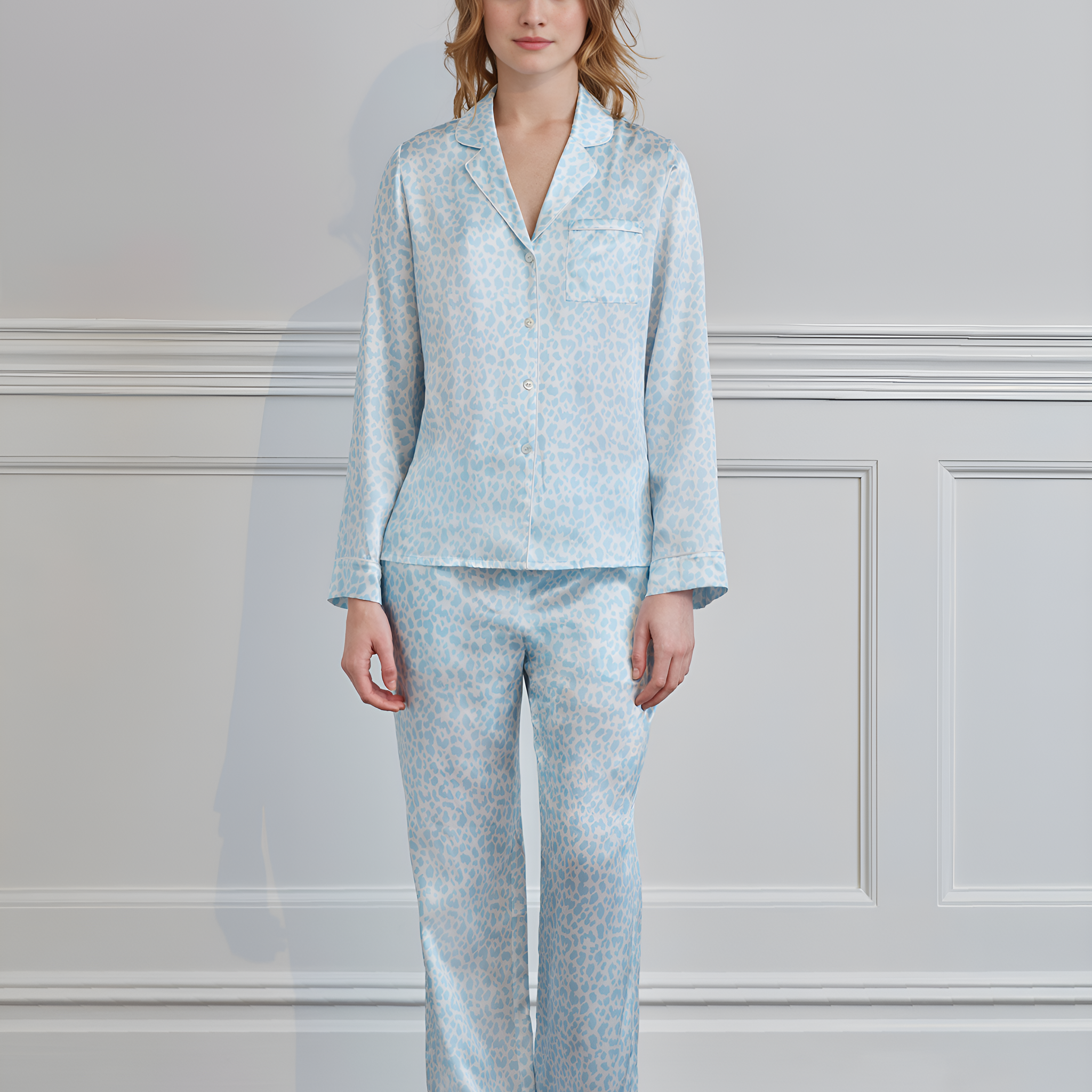 Leopard Silk Pajamas Silk Pajamas long-sleeved Pjs Set 2Pcs