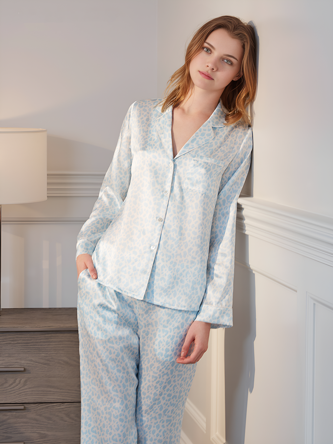 Leopard Silk Pajamas Silk Pajamas long-sleeved Pjs Set 2Pcs