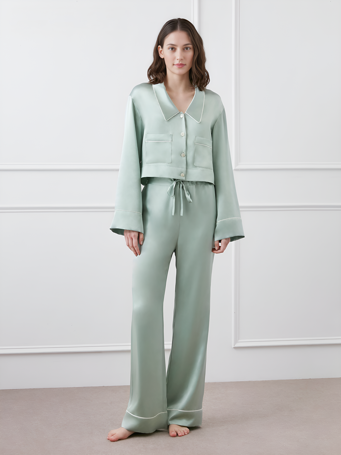 Dreamy Silk Pajamas Silk Pajamas long-sleeved Pjs Set 2Pcs