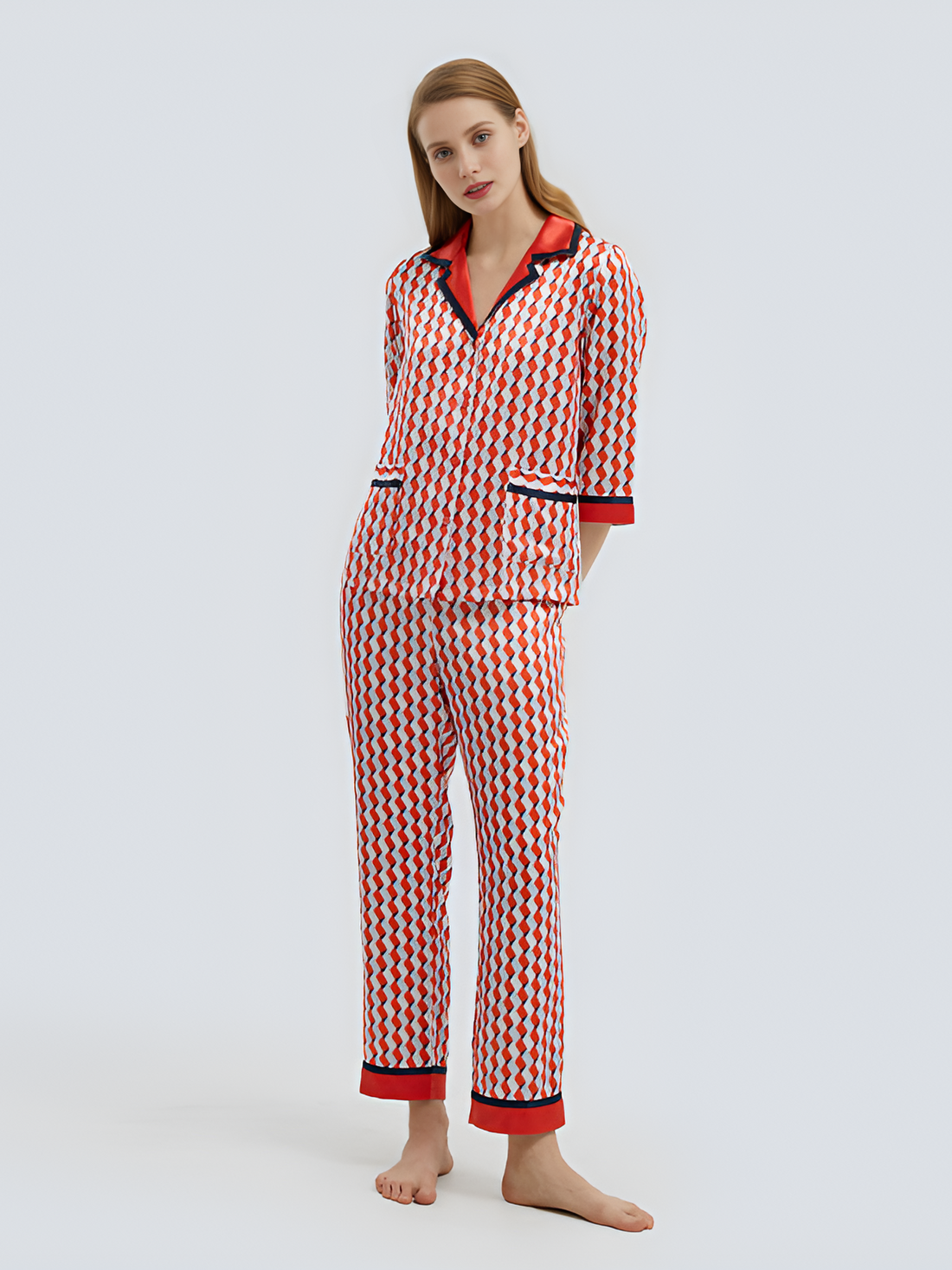 Playful Check Silk Silk Pajamas long-sleeved Pjs Set 2Pcs