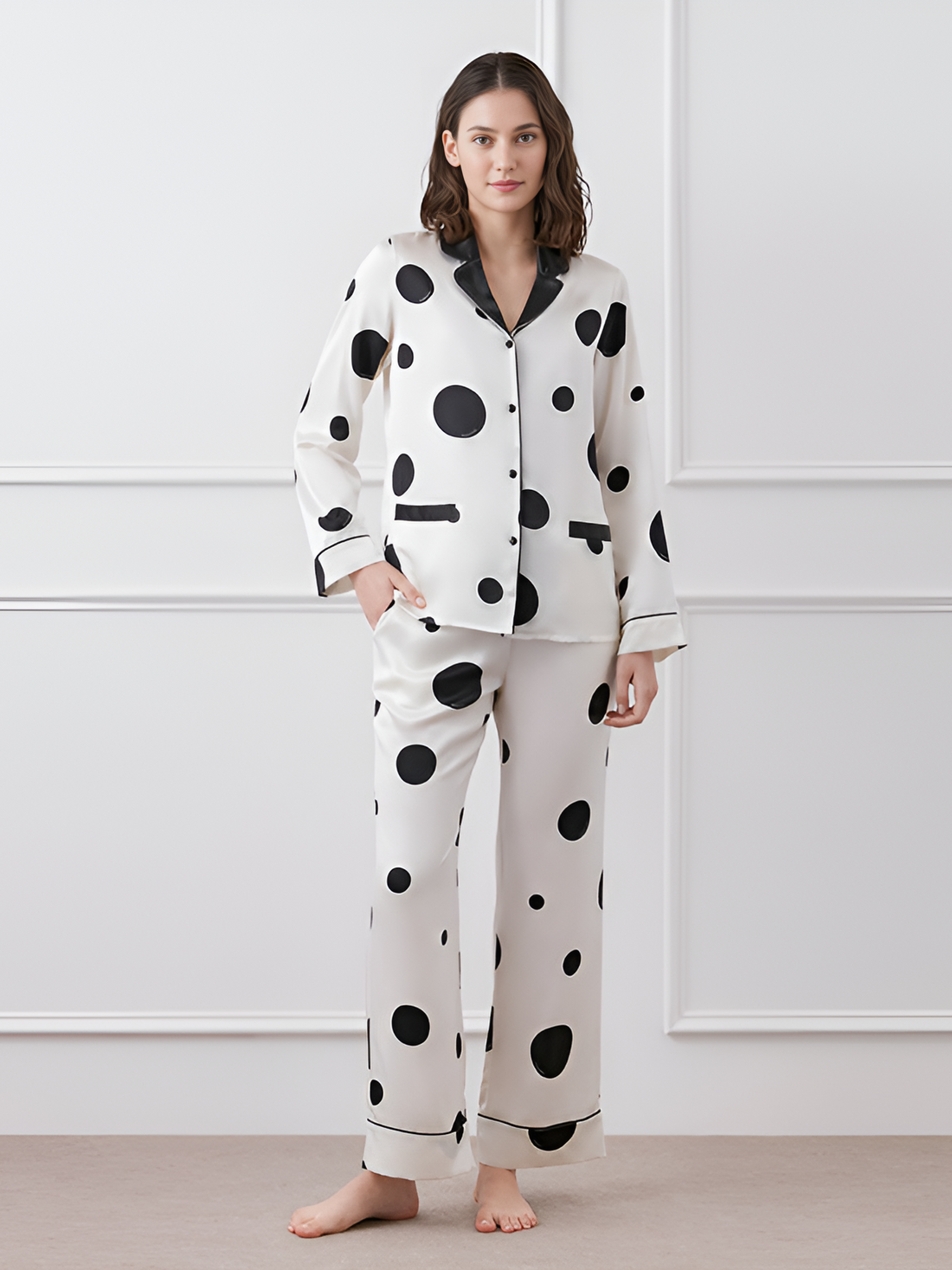 Polka dots Silk Pajamas long-sleeved Pjs Set 2pcs