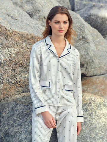 Elegant Striped Silk Pajamas long-sleeved Pjs Set 2Pcs