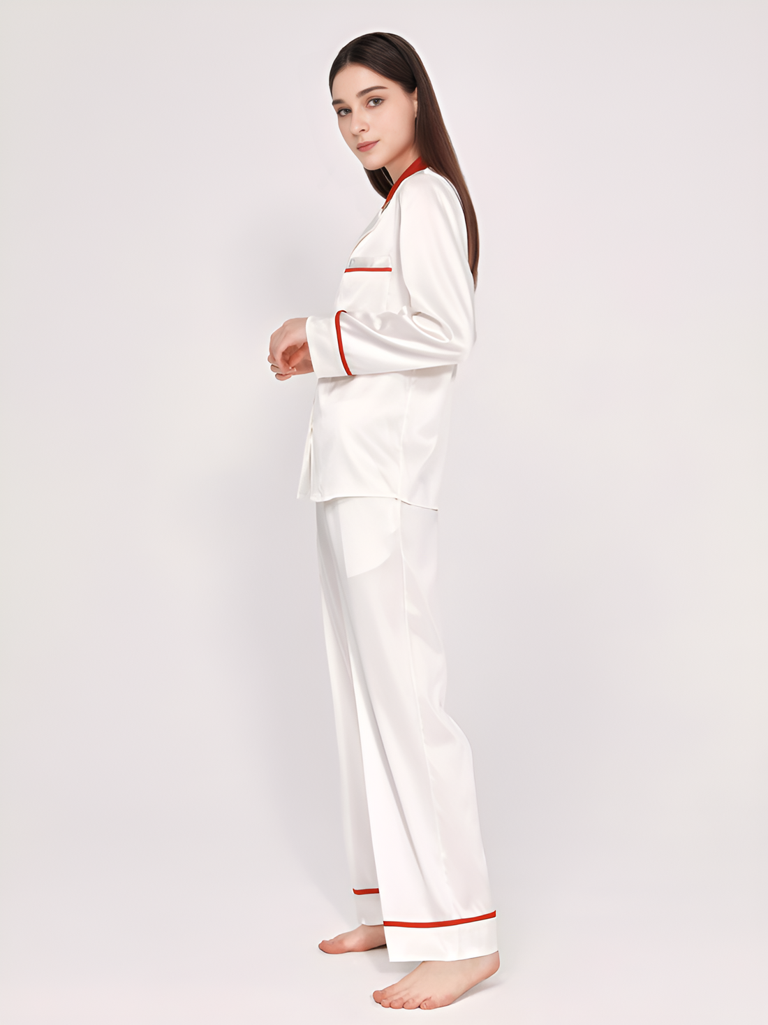 Cowl Neck Silk Pajamas long-sleeved Pjs Set 2Pcs