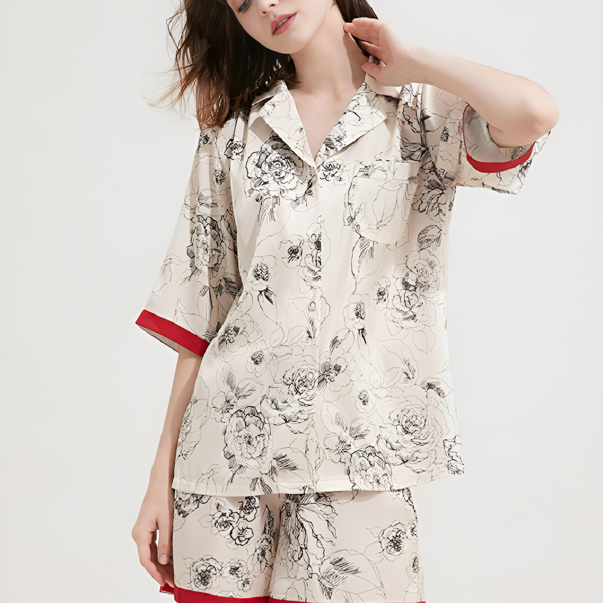 Floral Contrast Silk Pajamas Short Pjs 2Pcs