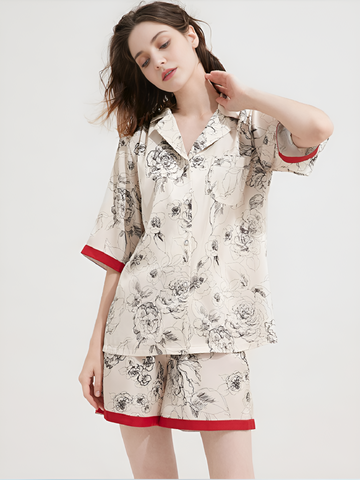 Floral Contrast Silk Pajamas Short Pjs 2Pcs