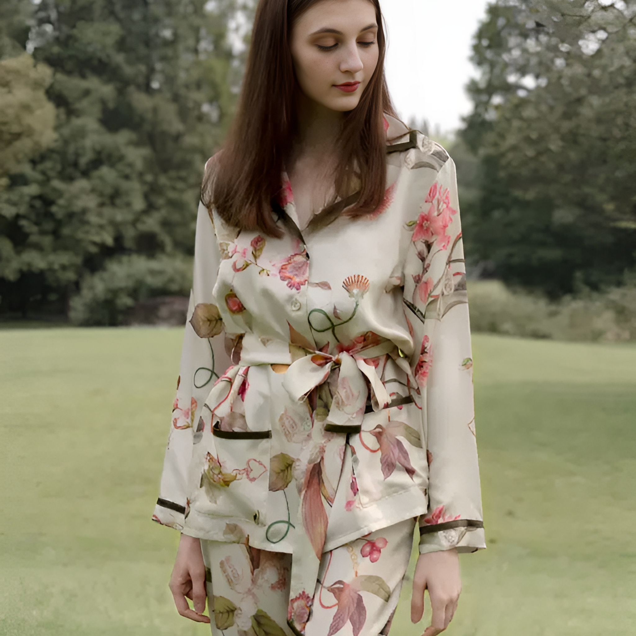 Floral Dream Silk Pajamas long-sleeved Pjs Set 2Pcs
