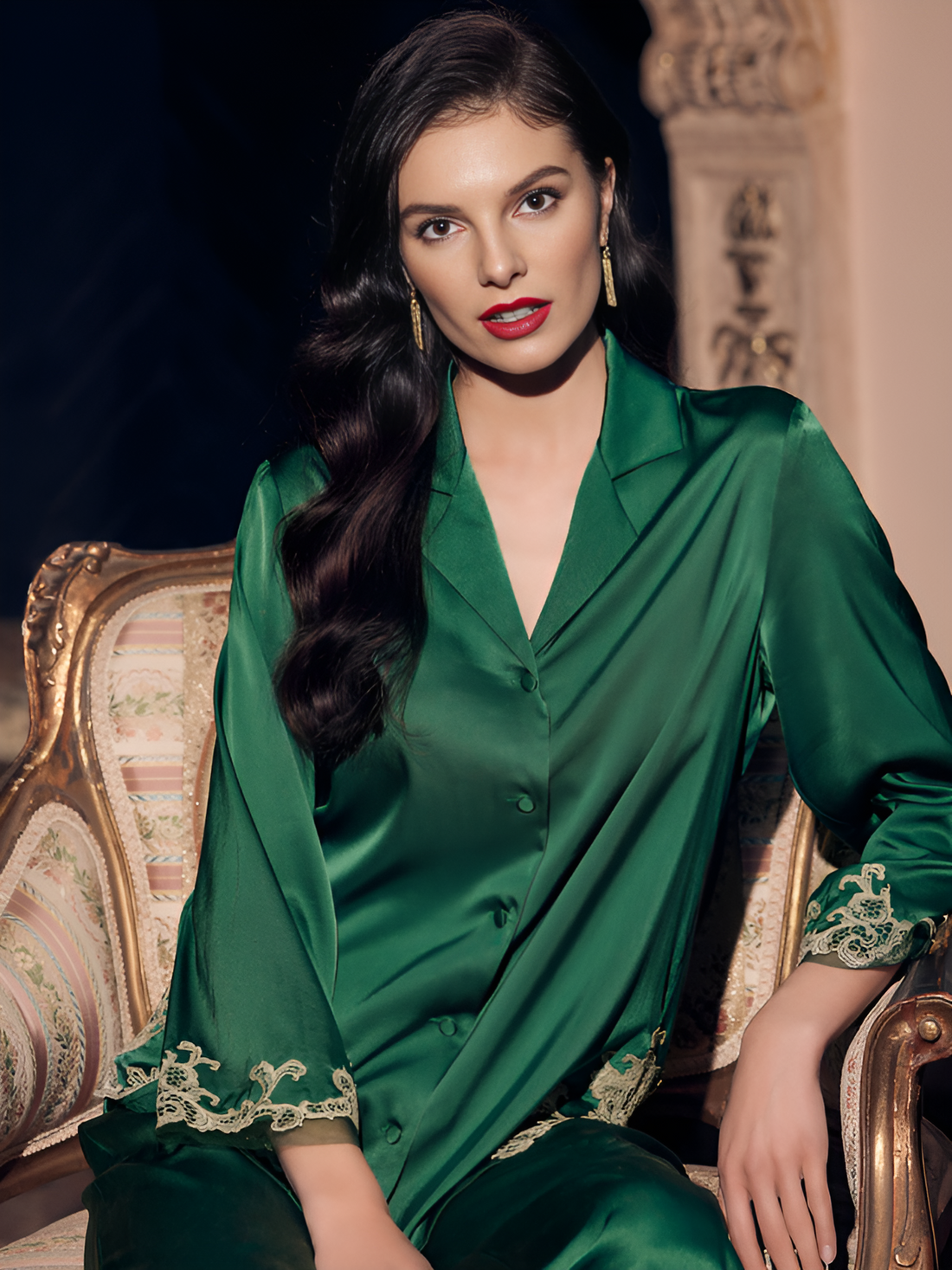 Lace Trim Silk Pajamas long-sleeved Pjs Set 2Pcs