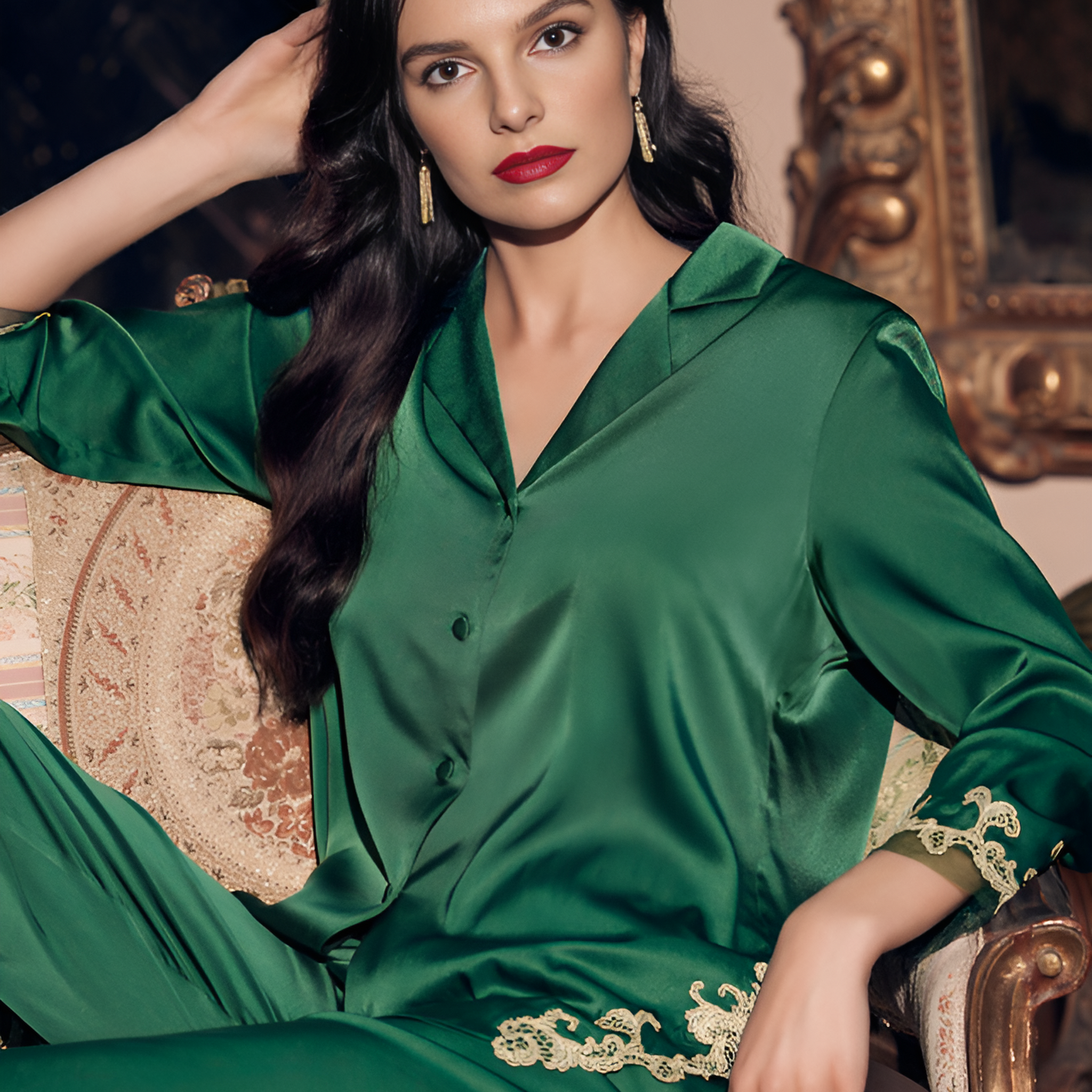 Lace Trim Silk Pajamas long-sleeved Pjs Set 2Pcs