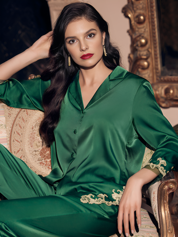 Lace Trim Silk Pajamas long-sleeved Pjs Set 2Pcs
