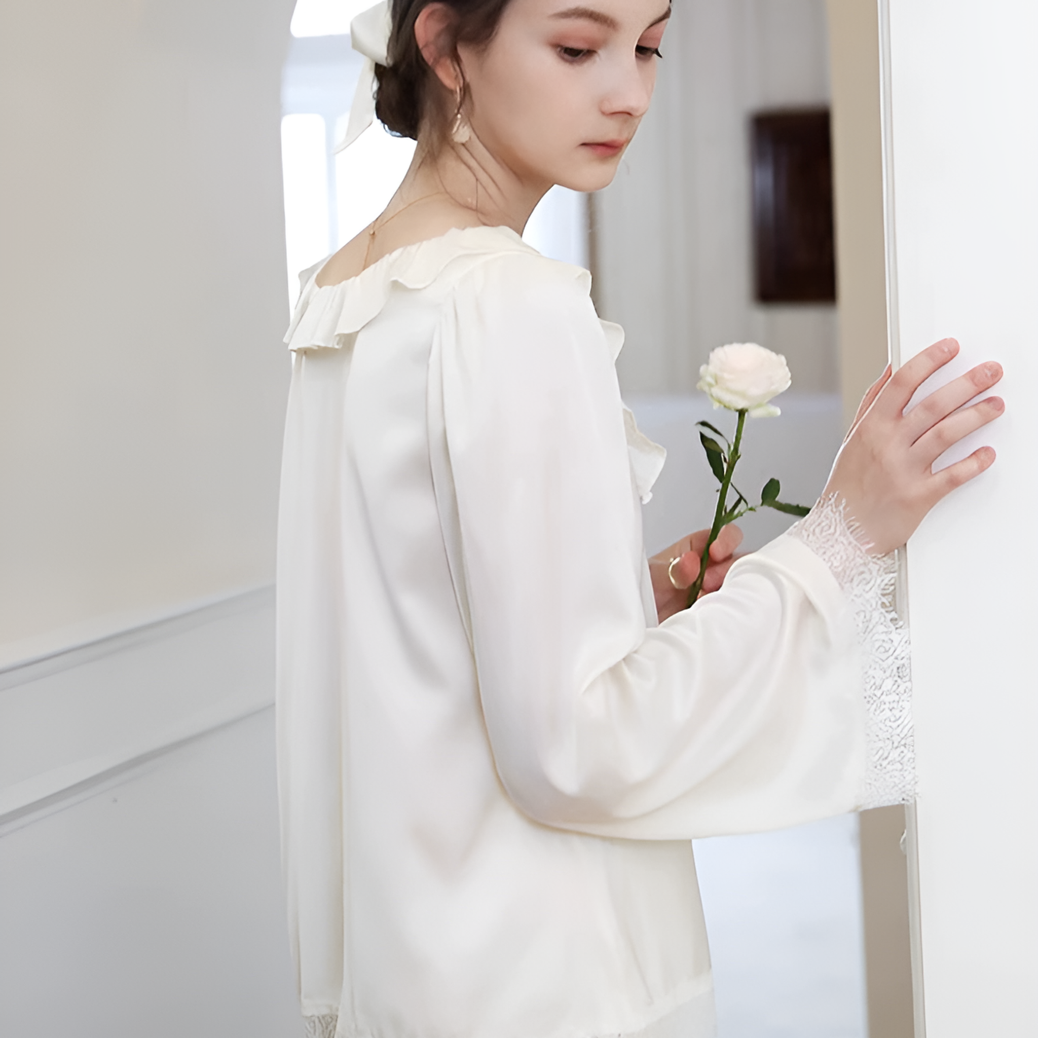 Ruffled Dream Silk Pajamas Long-sleeved Pjs Set 2Pcs