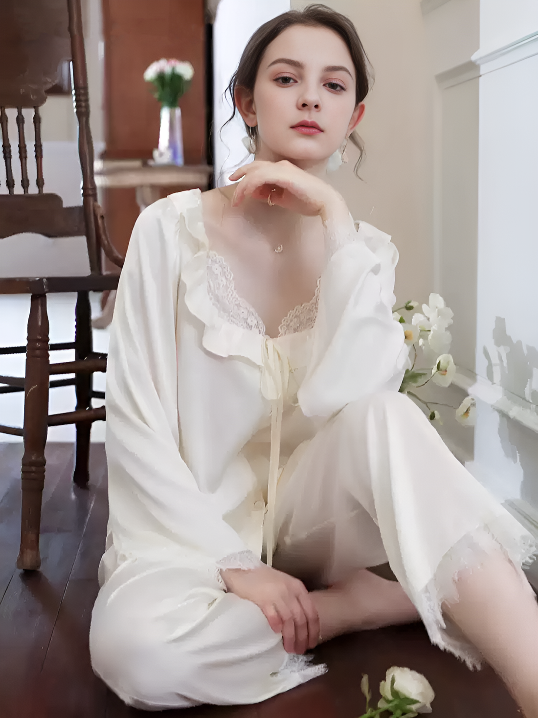Ruffled Dream Silk Pajamas Long-sleeved Pjs Set 2Pcs