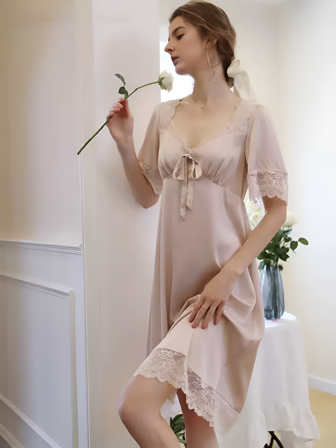 Twilight Serenade Spaghetti Strap Short Silk Nightgown/Dress