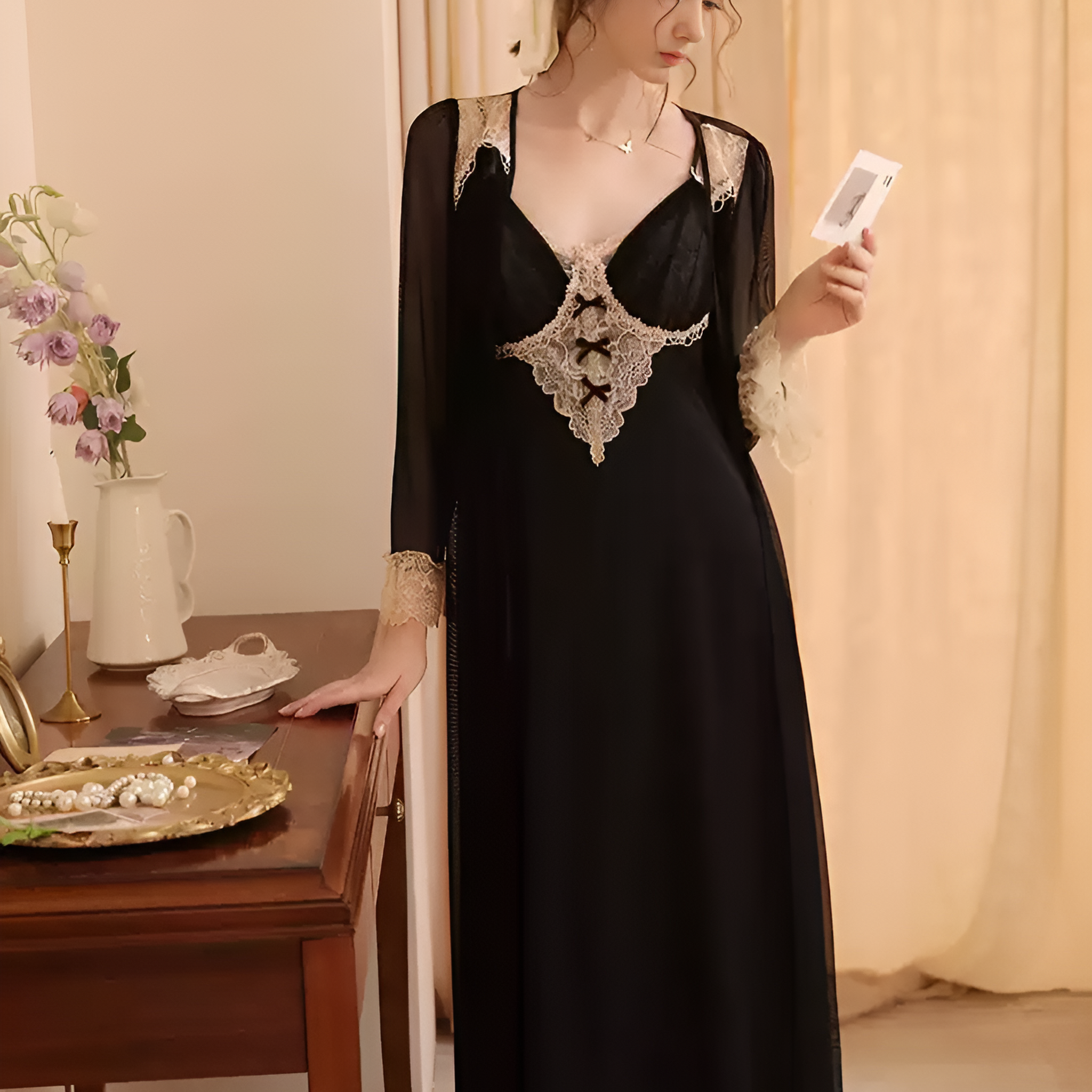 Delicate Petal Spaghetti Strap Long Silk Nightgown/Dress