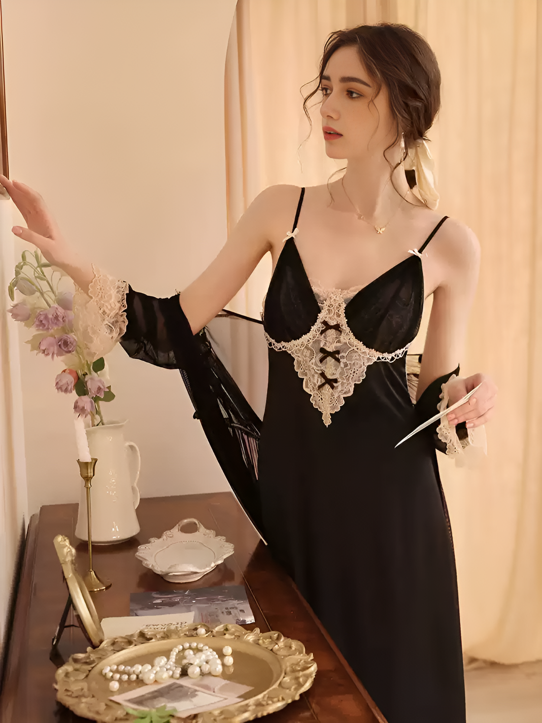 Delicate Petal Spaghetti Strap Long Silk Nightgown/Dress