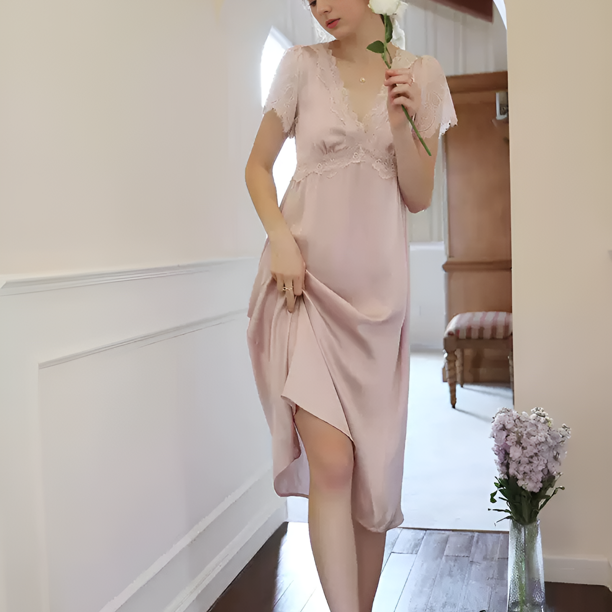 Floral Elegance Spaghetti Strap Long Silk Nightgown/Dress