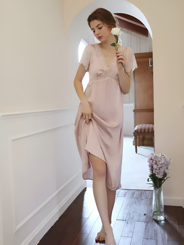 Floral Elegance Spaghetti Strap Long Silk Nightgown/Dress
