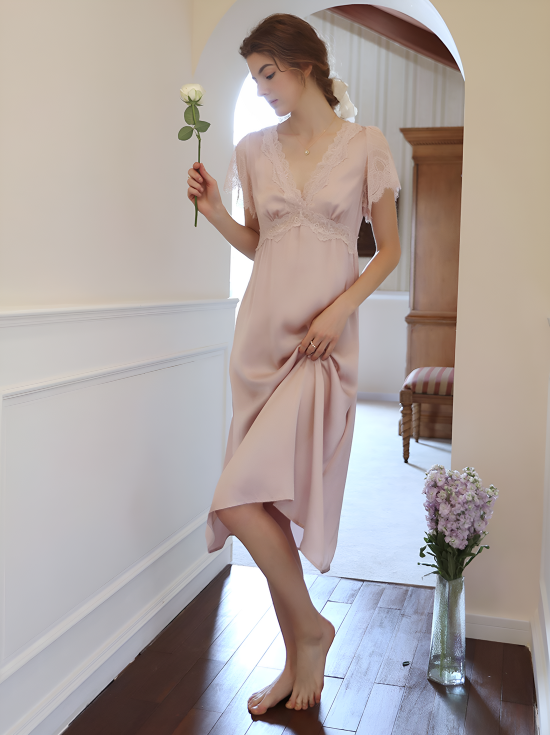 Floral Elegance Spaghetti Strap Long Silk Nightgown/Dress
