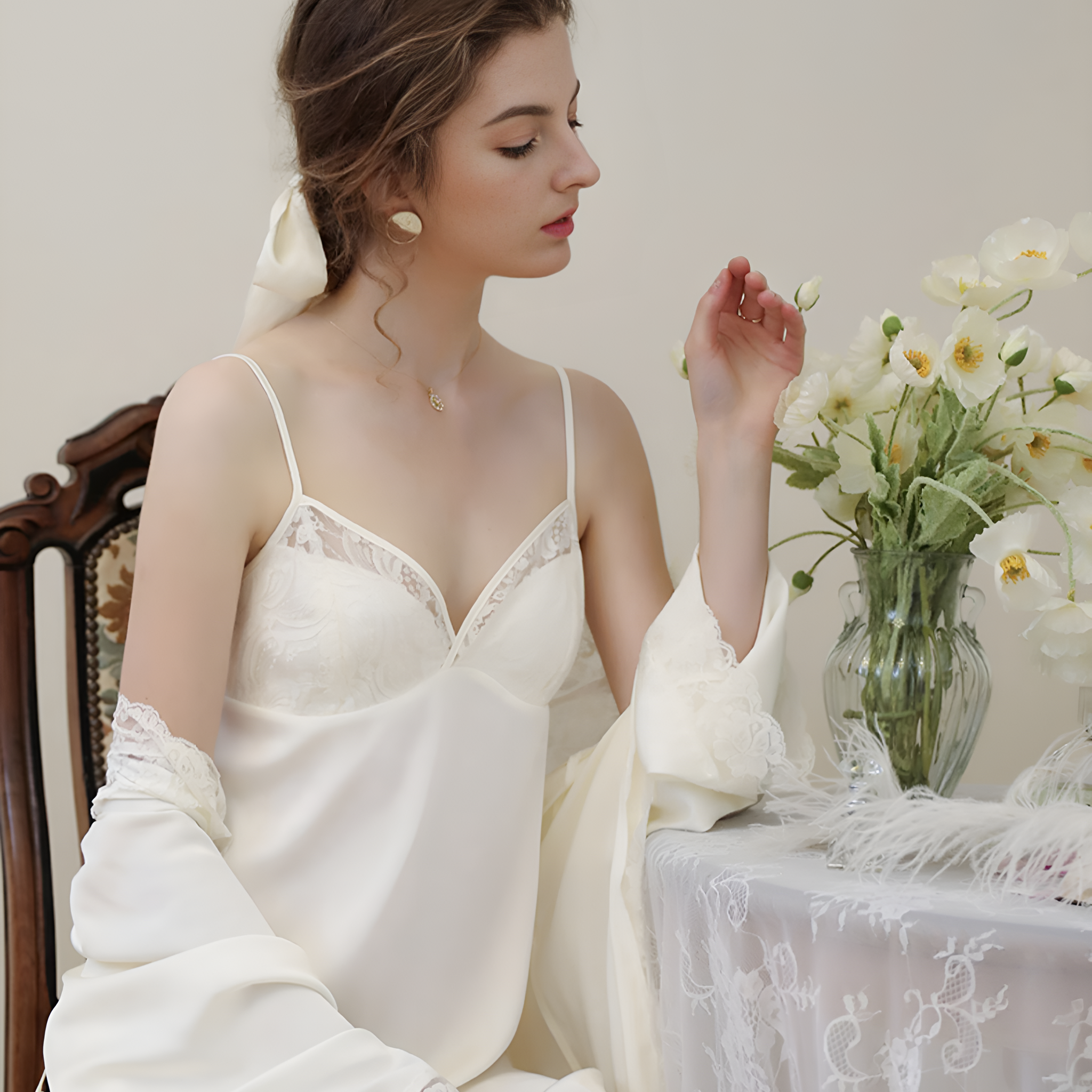 Gossamer Glow Spaghetti Strap Short Silk Nightgown/Dress
